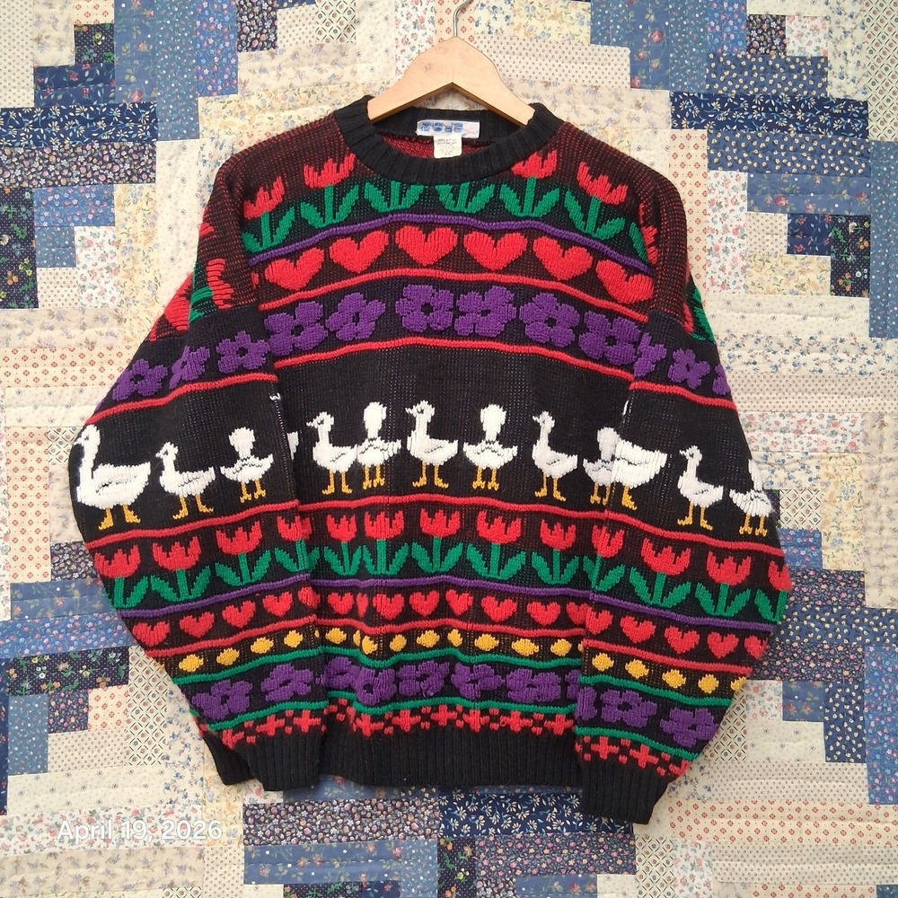 Vintage Rose Ducks in a Row Sweater Large Grandmacore Cottagecore Chunky Kawaii